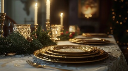 Decorated Table with Gold Plates, Candles, and Greenery