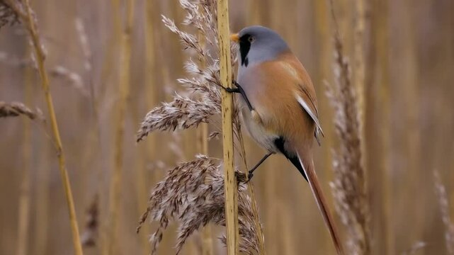 Bearded reedling - Panurus biarmicus beautiful long-tailed passerine bird found in reed beds near water in Eurasia, also Bearded tit or Bearded parrotbill, family Panuridae, feed on the reed