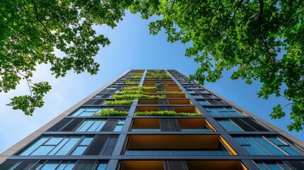 In the background is a tall skyscraper with a blue sky and a green roof. The building is a residential structure with a contemporary design. 