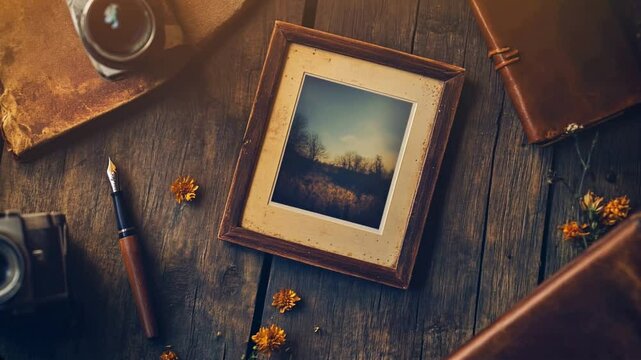 Aged Polaroid photo frame on rustic wooden background evoking nostalgia