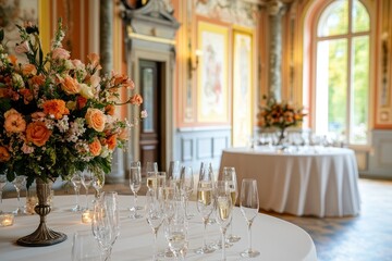 Elegant wedding reception centerpiece, chateau, champagne, floral arrangement