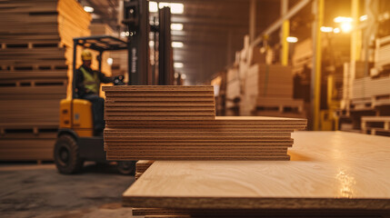 Heavy-duty particleboard sheets are stacked on a forklift in a busy warehouse, surrounded by workers and machines in constant motion. The high-energy environment is enhanced by sof