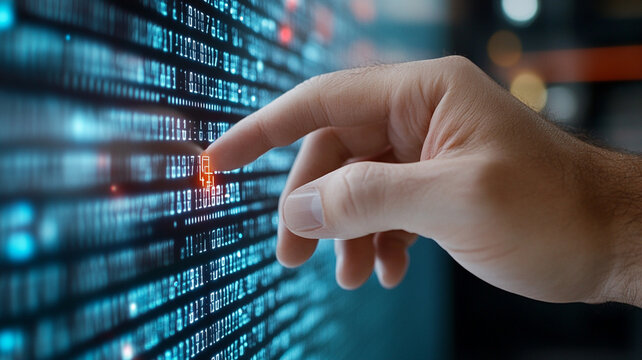 Hand Interacting With Glowing Digital Code On A Screen - Powered by Adobe