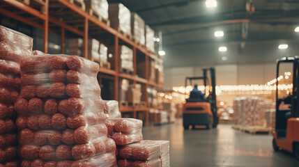 Shrink-wrapped food packages are stacked on a pallet in a busy warehouse, with forklifts moving in and out of the scene. The background is filled with neat product shelves, and the