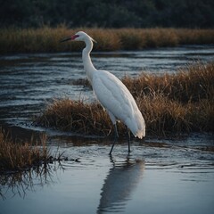 A white crane standing still in a shallow river reflecting the evening sky.