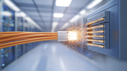 Closeup of orange cables connecting to server with sparks, showcasing technology and innovation in data center