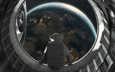 3D illustration of astronaut observing Earth from a space station window, showcasing the beauty of our planet against the backdrop of space