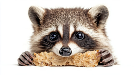 Obraz premium Mischievous raccoon peeking sneakily holding food above surface, cute mammal portrait with innocent look showing playful expression while eating