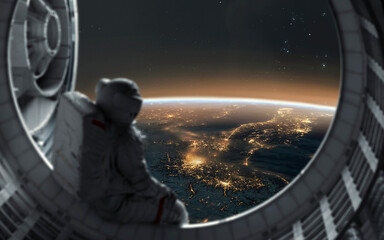 3D illustration of astronaut gazing at Earth from the window of a space station, showcasing the beauty of our planet against the backdrop of space