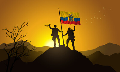 Ecuador flag, silhouette of two climbers holding a flag at sunset over the mountain