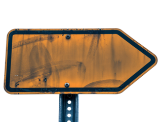 Yellow Weathered Signboard with Black Borders Mounted on Metallic Pole Isolated on Transparent Background PNG