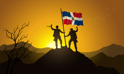 Dominican Republic flag, silhouette of two climbers holding a flag at sunset over the mountain