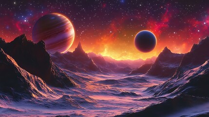 A cosmic background with planets and stars include