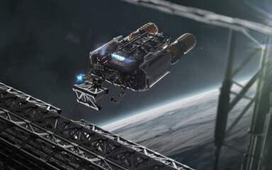 3D illustration of futuristic industrial spaceship in deep space. High quality render, digital cosmic sci-fi art in 5K - realistic visualization