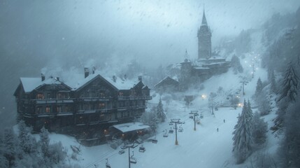 Blizzard storm engulfing an alpine ski resort, snow falling heavily