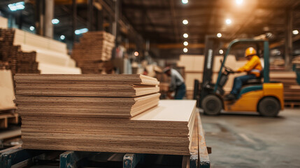 Heavy-duty particleboard sheets are stacked on a forklift in a busy warehouse, surrounded by workers and machines in constant motion. The high-energy environment is enhanced by sof