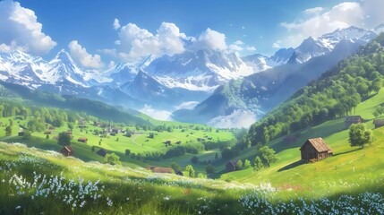 Fototapeta premium A hyper-realistic panoramic view of a picturesque mountain valley, featuring expansive green fields under a clear blue sky. Snow-capped mountains rise in the background, while small wooden cottages do