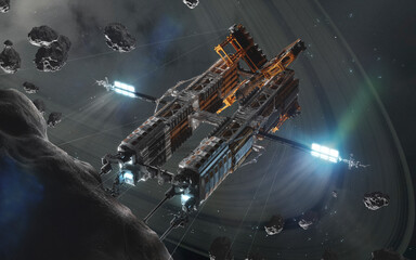 3D illustration of futuristic industrial spaceship in deep space. High quality render, digital cosmic sci-fi art in 5K - realistic visualization