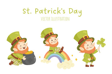 St. Patricks Day, clip art, cute leprechaun set, with gold, clover