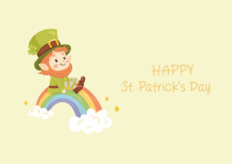 Horizontal St. Patrick's Day greeting card. Cute leprechaun sitting on a rainbow