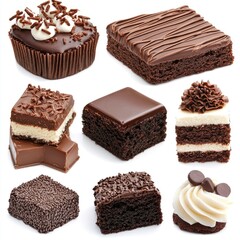 Assorted chocolate desserts, studio shot, white background, food photography, baking, confectionery