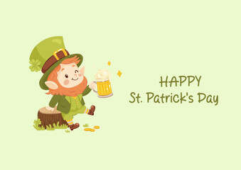 Horizontal St. Patrick's Day greeting card. Cute leprechaun with a mug of beer