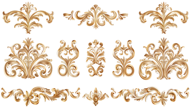 Set of golden baroque floral ornaments with intricate details, isolated on white background