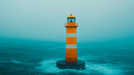 Orange lighthouse in the middle of the ocean, big waves and storm around the lighthouse.