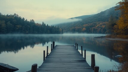 Naklejka premium A rustic wooden dock extending into a calm lake surrounded by misty mountains