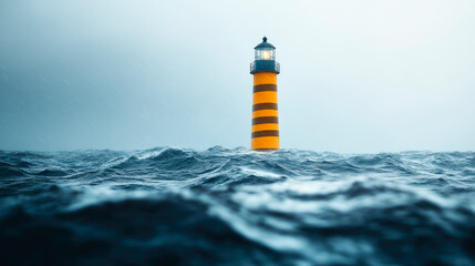 Orange lighthouse in the middle of the ocean, big waves around the lighthouse.