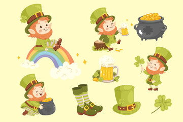 St. Patrick's Day clip art, cute leprechaun set, hat, beer and clover