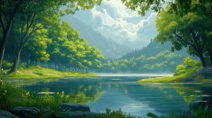 Calm breeze over a peaceful lake surrounded by vibrant green trees