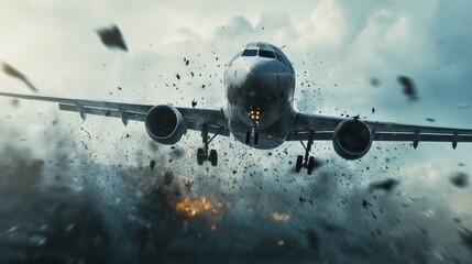 Intense aircraft explosion scene with debris and smoke for action theme design