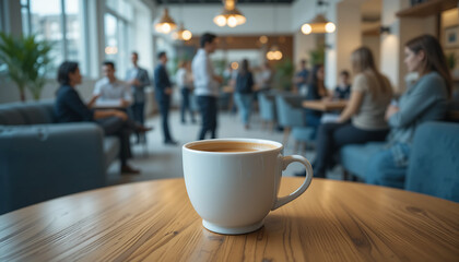 Coffee cup in a modern lounge area with professionals networking casually