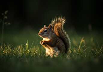 A realistic photograph of a squirrel in a field with tall grass, featuring a dark forest background with back daylight

