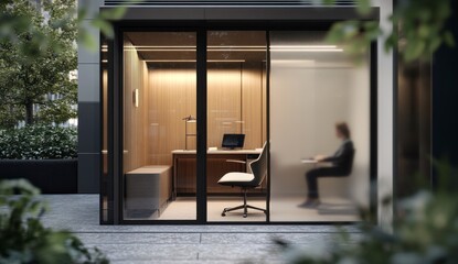 A frosted glass door leads to an office with modern furniture and decor.