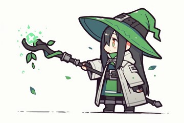 A Cute Green Hatted Witch Casts A Spell With A Staff