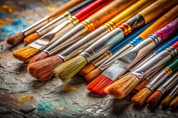 Fototapeta premium Artistic Paint Brushes on Gray Background - Creative Still Life Photography
