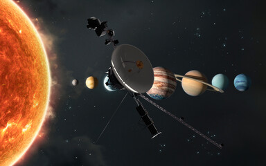 3D illustration of Voyager spacecraft leaving solar system. High quality digital space sci-fi art in 5K - realistic visualization