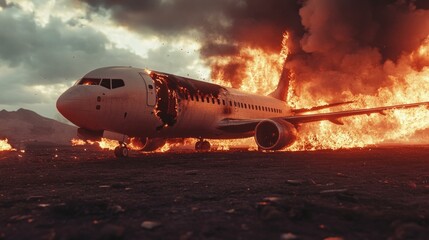 Aircraft wreckage in flames on desert terrain under dramatic sky