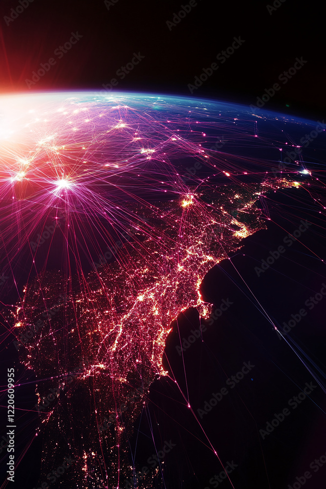 Fototapete glowing earth network visualization with interconnected data points at night. business background