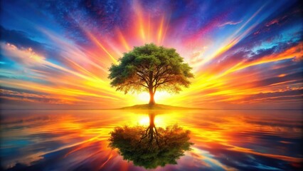 A stunning visual representation of eternal life and renewal, with a tree of life standing tall against a backdrop of vibrant colors as a sun rises over it , beauty, nature