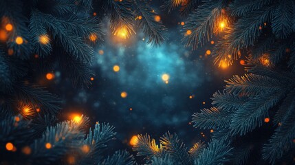 Fototapeta premium Christmas background with frosty pine branches and warm glowing lights