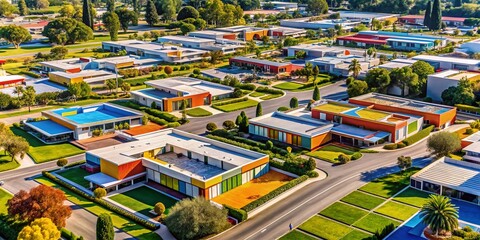 Naklejka premium Atomic Retro 50s Seamless Patterns: Aerial View of Mid-Century Modern Architecture