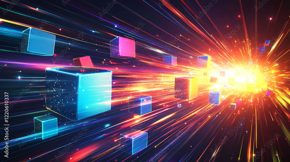 Poster abstract glowing cubes with dynamic light trails in a futuristic digital space. business background