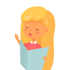 Cute girl singing song. Concert, performance rehearsal. Children choir. Cartoon vector illustration.