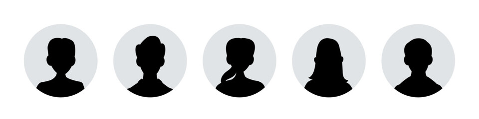 Black male and female avatars isolated on transparent background. Silhouettes of anonymous people for social media profiles, icons or templates. Vector illustrations set.