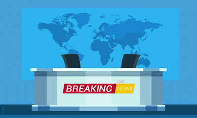 Live breaking news flat vector illustration. TV studio interior. Television news program background.