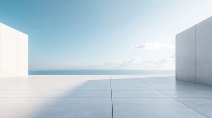 A minimalist white stone square with a flat surface, overlooking the horizon and a blue sky. 