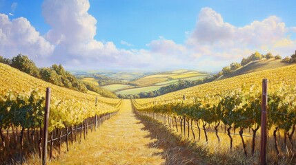 Fototapeta premium Clear sunny skies over a sprawling vineyard during harvest season